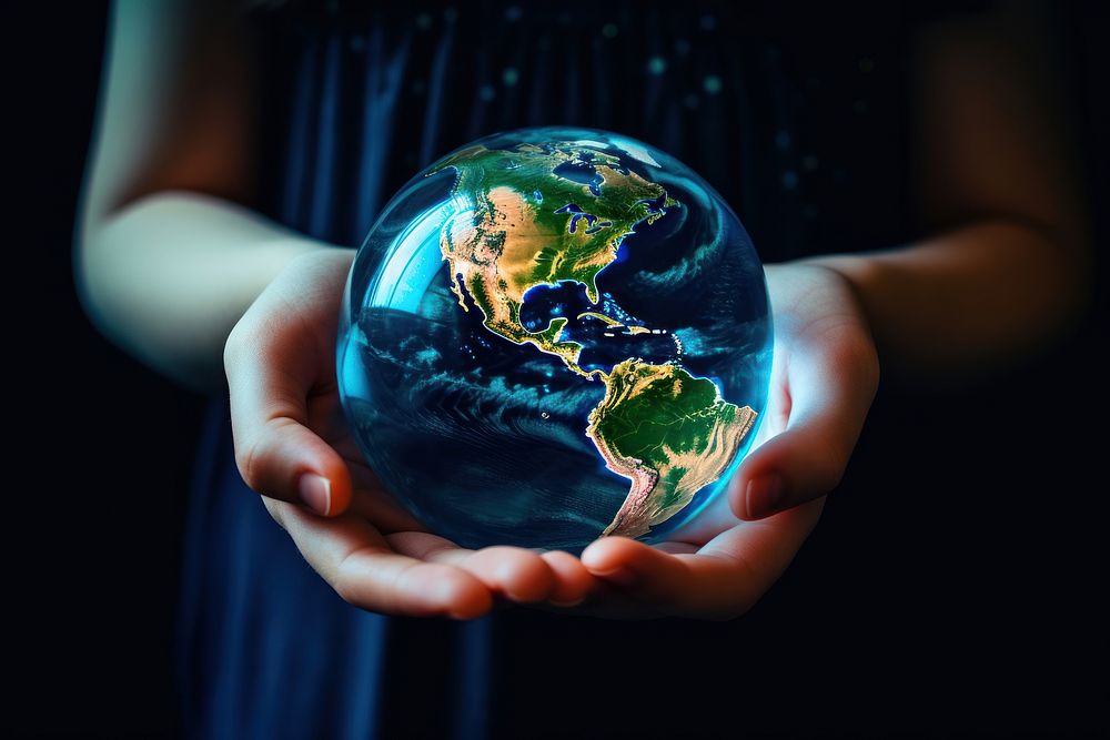 Girl holding a fluid earth sphere planet globe. AI generated Image by rawpixel.