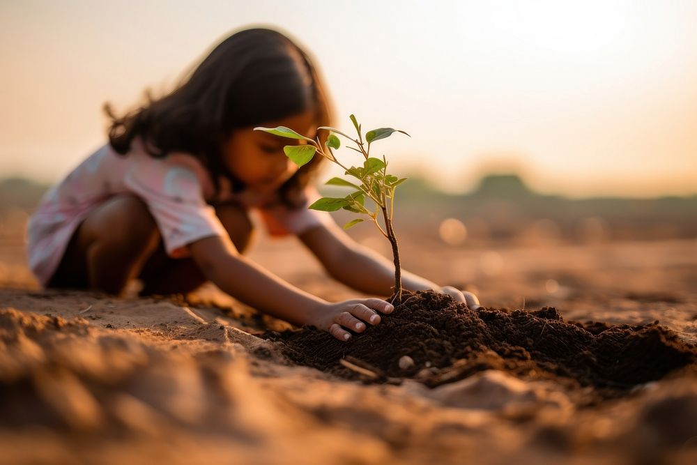 Girl planting a small tree outdoors nature child. 