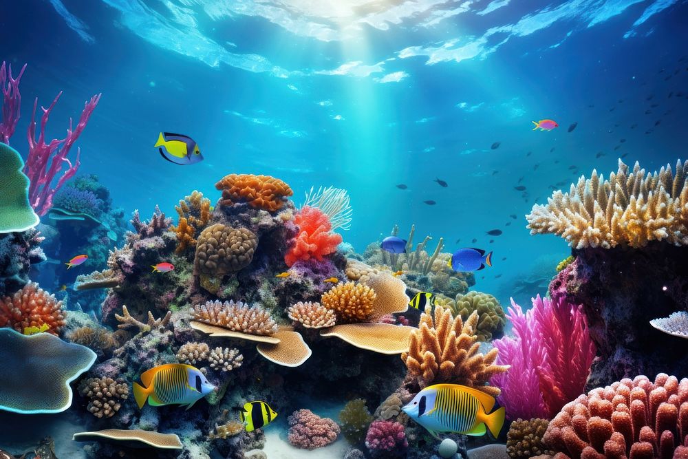 Underwater coral reef underwater ocean aquarium. 