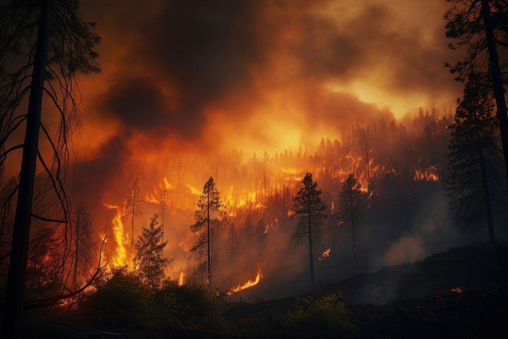 Wildfire mountain forest destruction. 