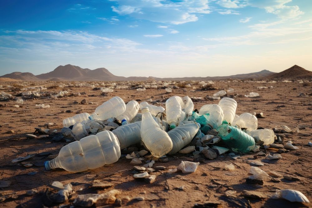Two crushed plastic bottles garbage desert tranquility. AI generated Image by rawpixel.