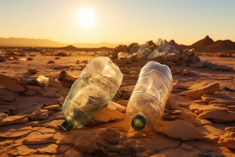 Two crushed plastic bottles outdoors desert nature. 