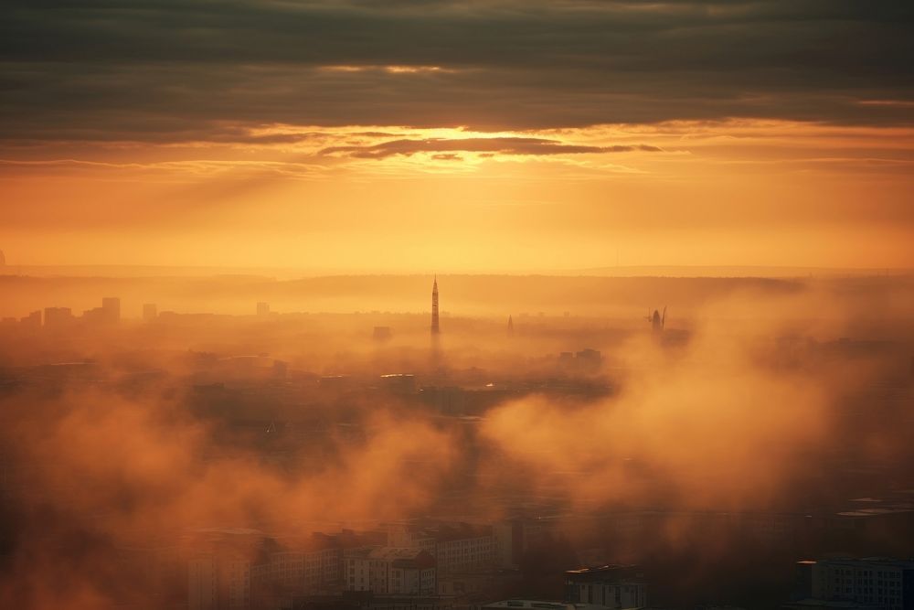 Air pollution city fog architecture. 