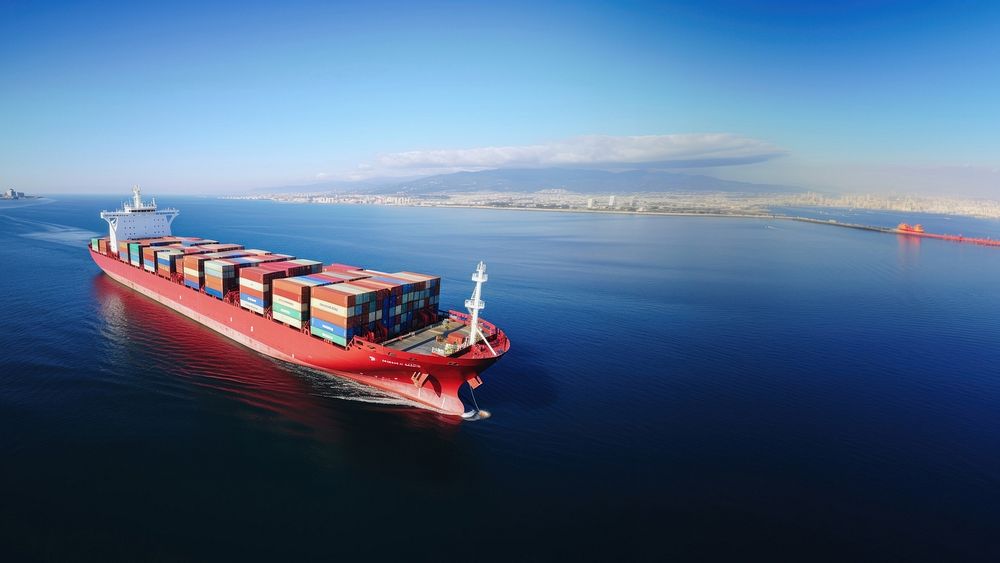 Aerial view of a large, heavily loaded container cargo ship. 