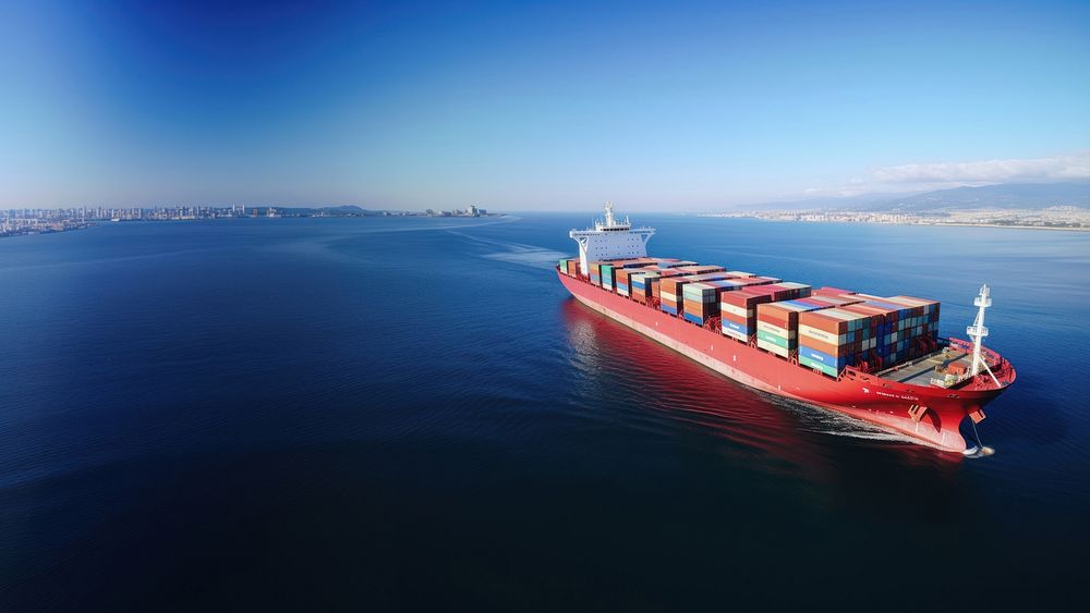 Aerial view of a large, heavily loaded container cargo ship. 