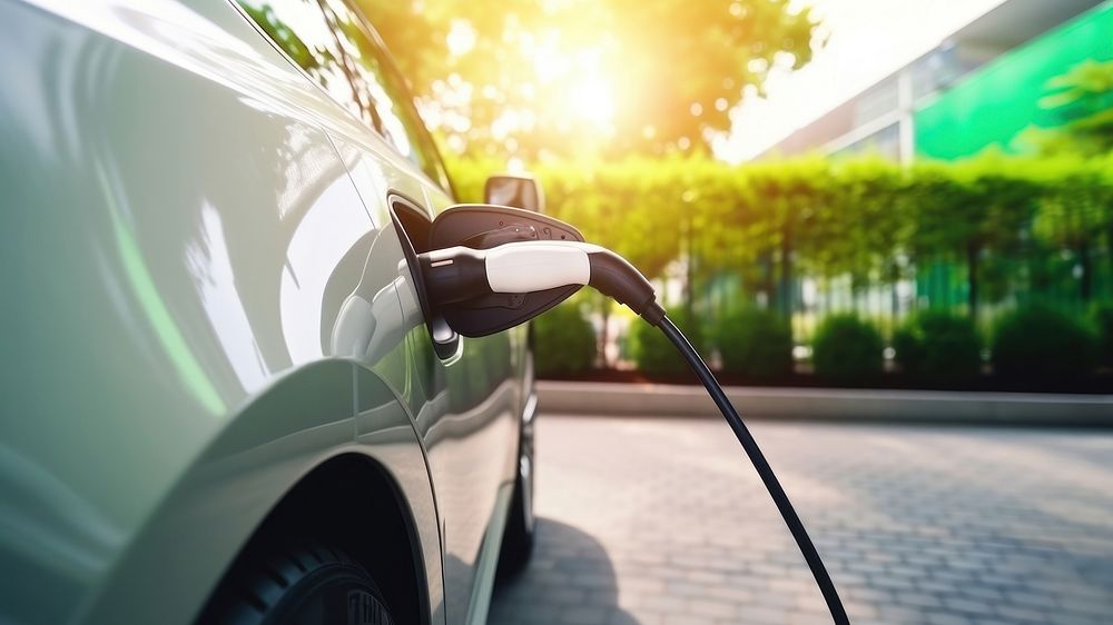 Electric car charging at a station in a sunny, green environment. Eco-friendly transportation with electric vehicle and…