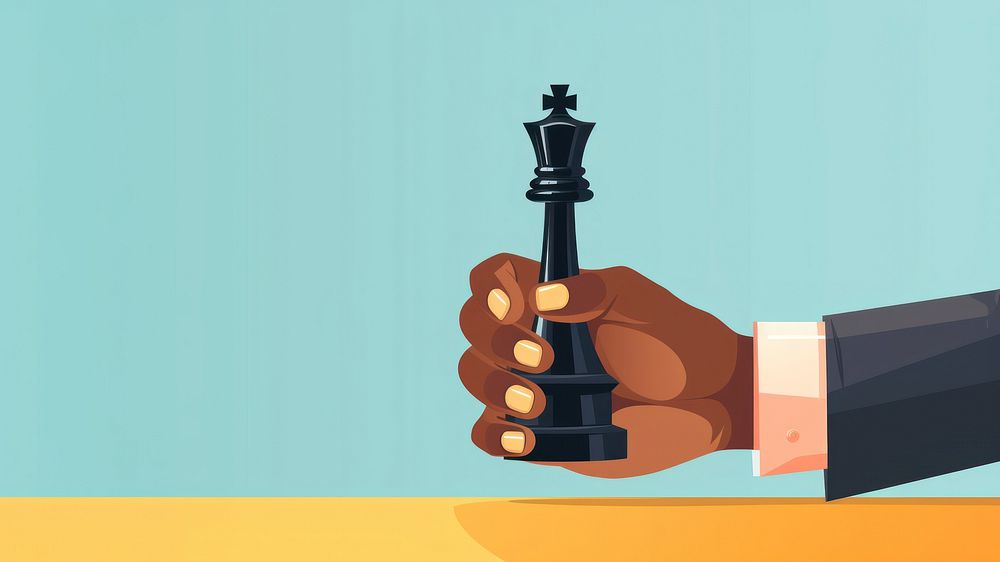 flat illustration of a black businessperson hand holding king chess piece. 