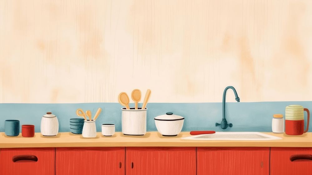 Minimal and simplified kitchen scene, children's book illustration style. AI generated Image by rawpixel.