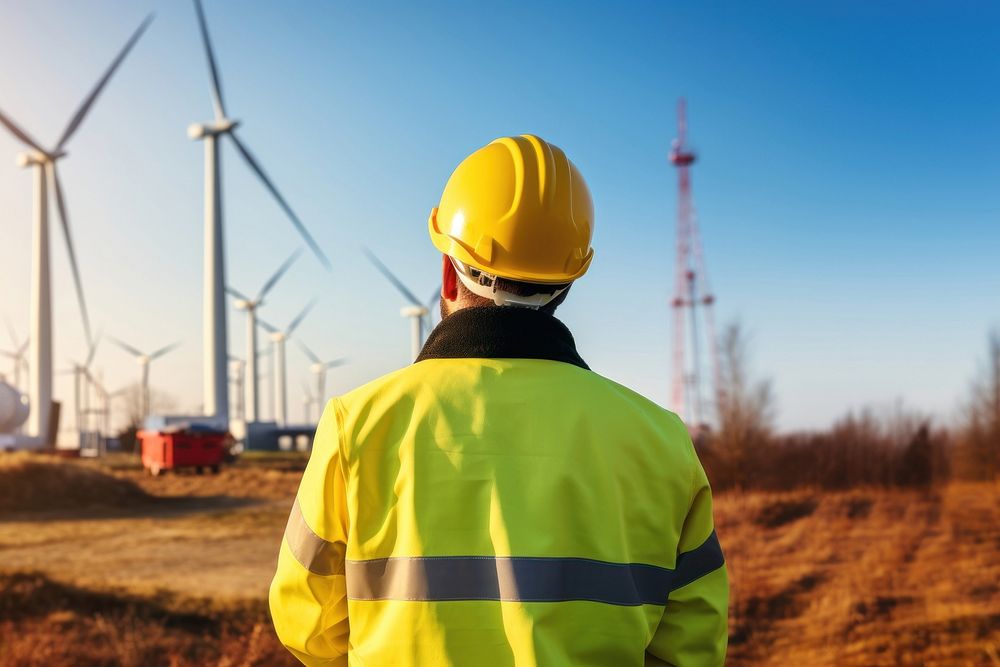 photo of wind turbine worker checking installation. 