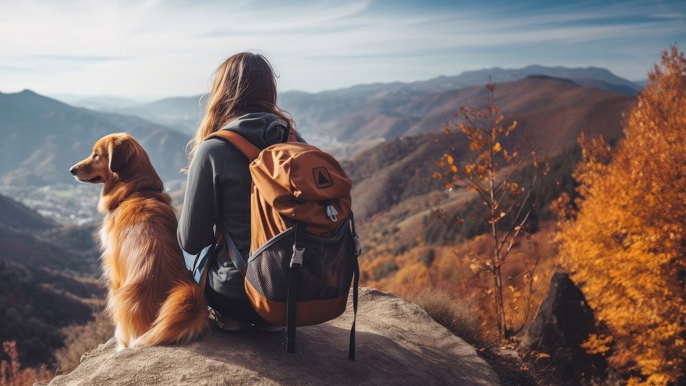 photo of women traveling with dog. 