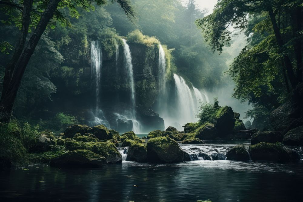 Waterfall forest landscape outdoors. AI generated Image by rawpixel.