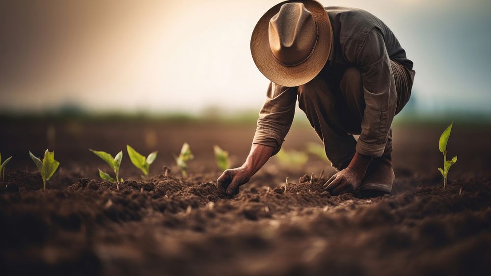 photo of a dusty farmer planting crop. 