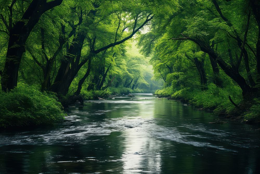River running through lush green forest vegetation landscape outdoors. AI generated Image by rawpixel.