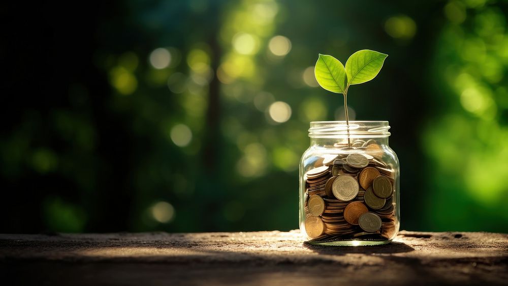 photo of coins in a mason jar, with a small sprout. 