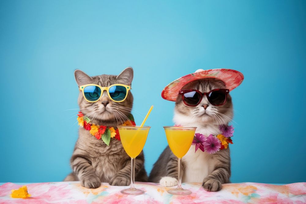 photo of cute cats wearing glasses drinking cocktail from the same glass. 