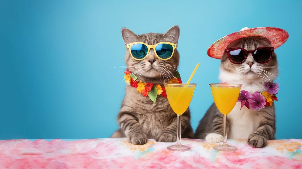 photo of cute cats wearing glasses drinking cocktail from the same glass. 