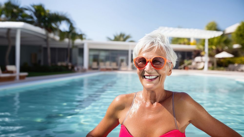 photo of ทature woman wearing swim goggles at swimming pool. 