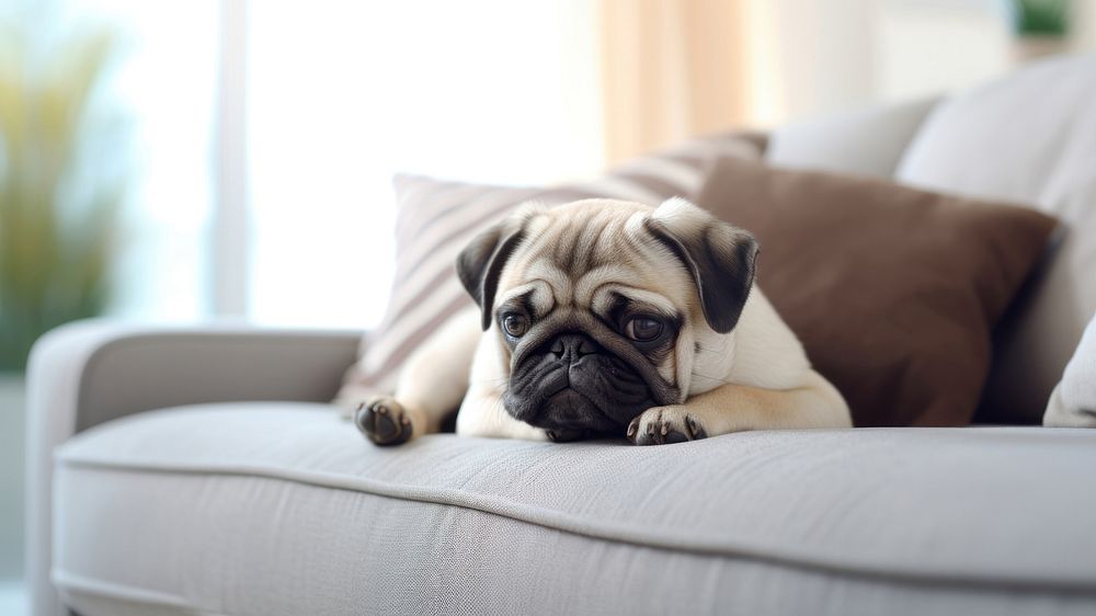 Photo of pug dog lying on a pillow in living room. 