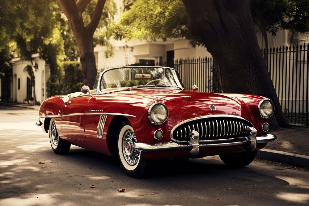 photo of red vintage car isolated on off white background. 