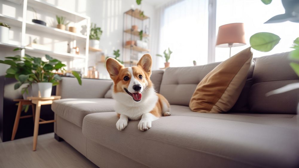 photo of Stylish and Scandinavian living room interior of a modern apartment with a Corgi dog lying on the couch. 