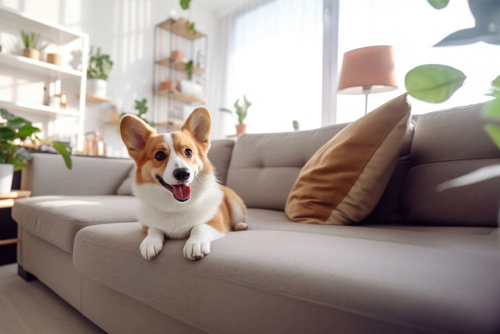 photo of Stylish and Scandinavian living room interior of a modern apartment with a Corgi dog lying on the couch. AI…