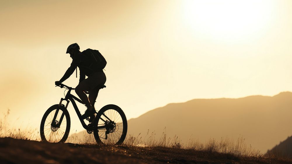 photo side view sillhuette of man riding a bicycle bike uphill with natural light. 