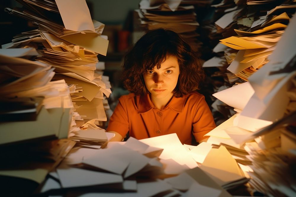 Woman surrounded by bill and paper. AI generated image by rawpixel.