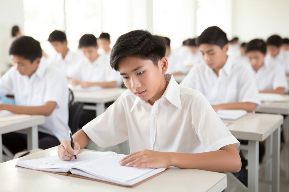 Teenage boys writing classroom student concentration. 