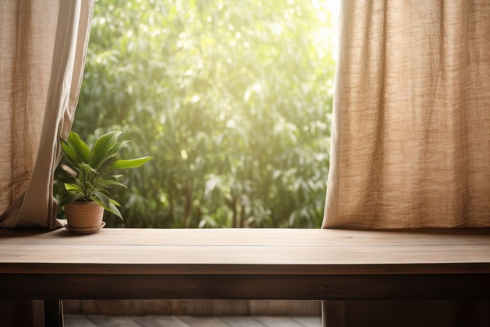 Wooden empty table window windowsill curtain. AI generated Image by rawpixel.