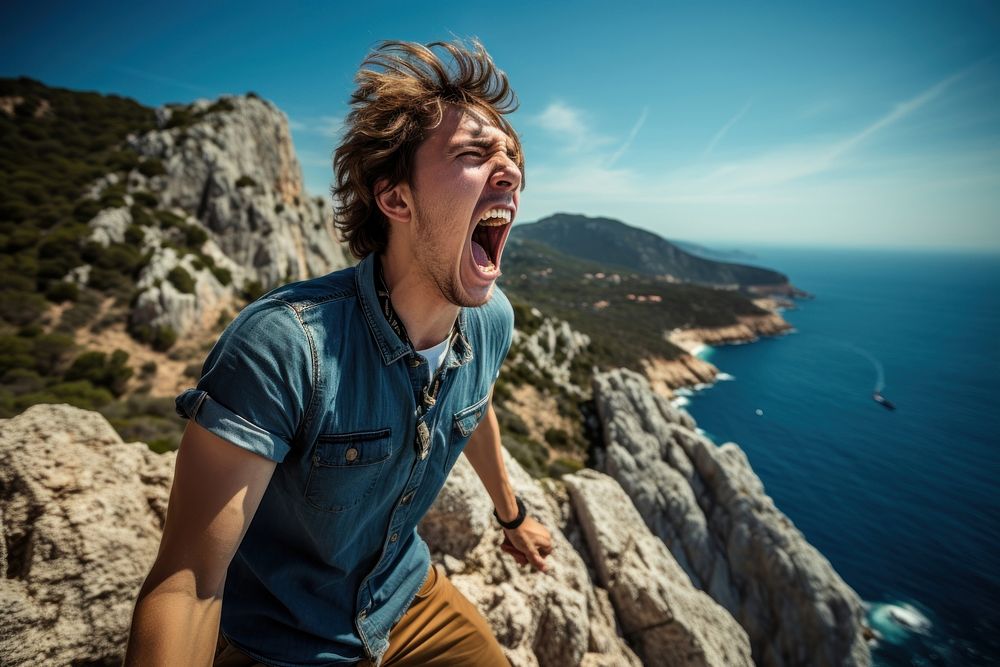 Young adult shouting cliff sea. AI generated Image by rawpixel.