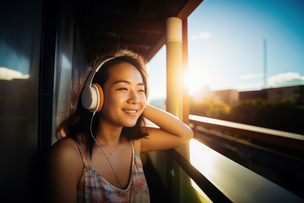 Woman wearing headphones. 