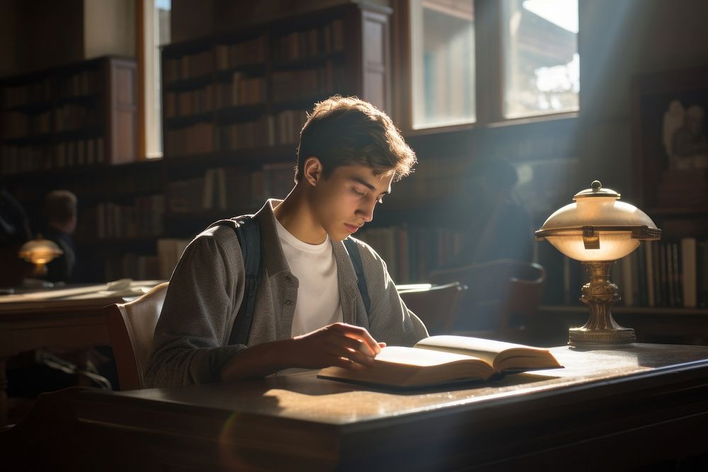 Young boy student reading furniture concentration. 