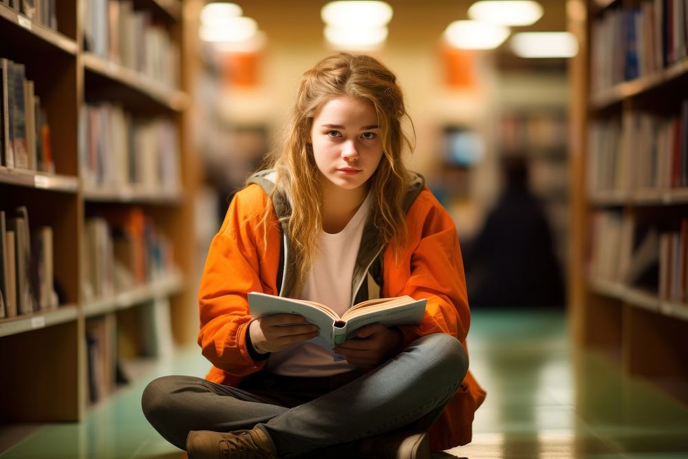 Young girl student reading publication library. AI generated Image by rawpixel.