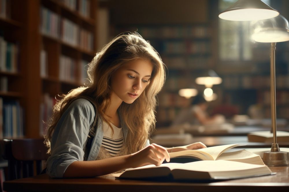 Young girl student reading publication furniture. 