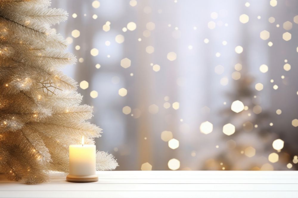 Empty white table top christmas abstract lighting. 