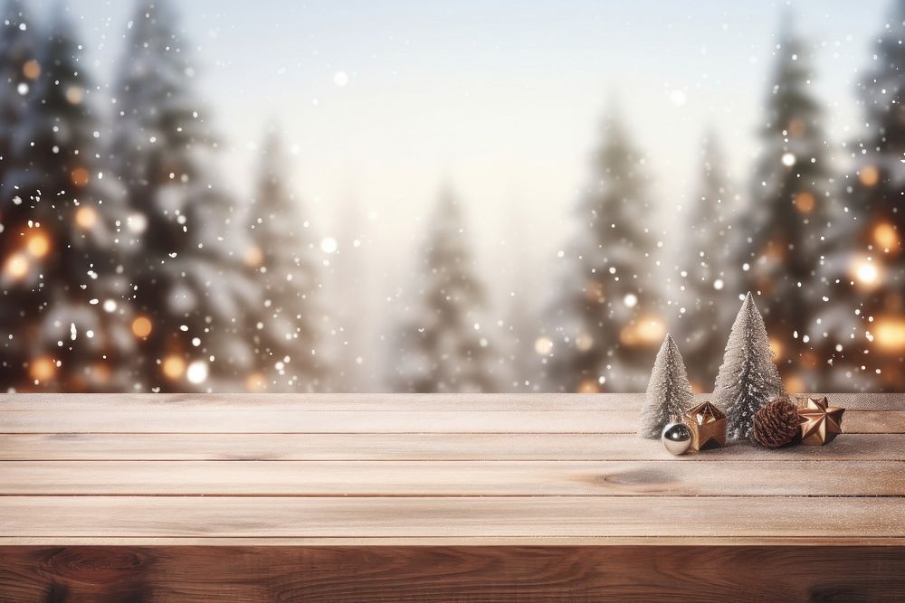 Empty wooden table top christmas tree snow. 