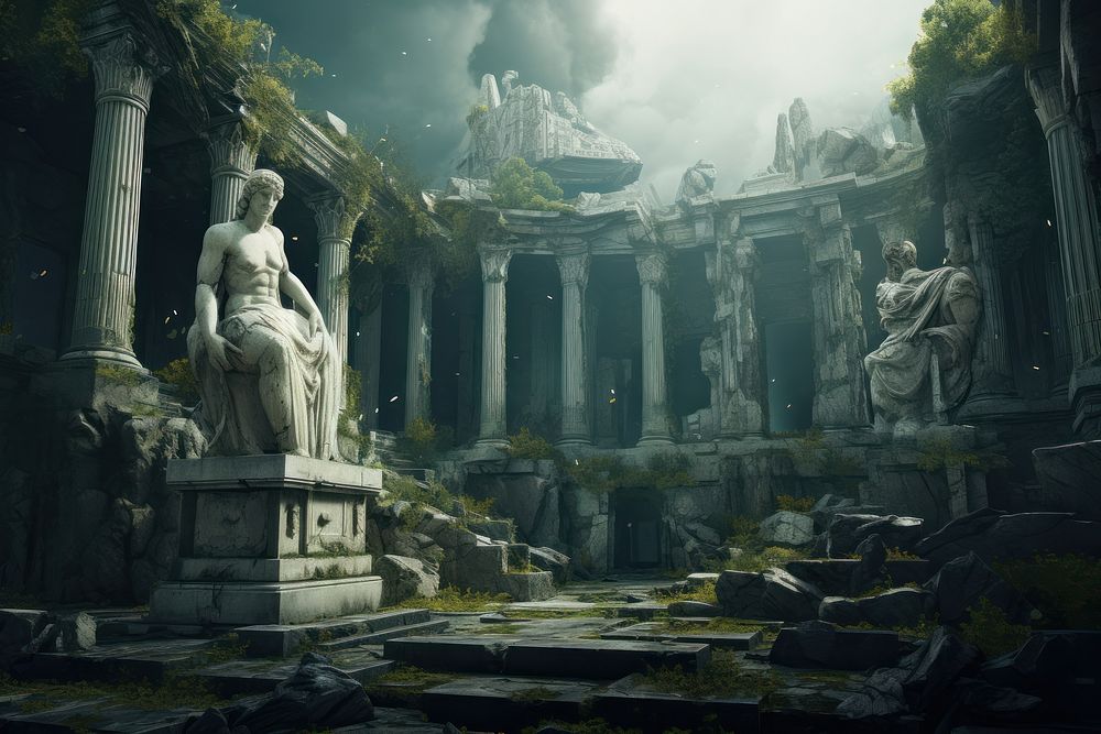 Ancient temple statue ruins representation. AI generated Image by rawpixel.