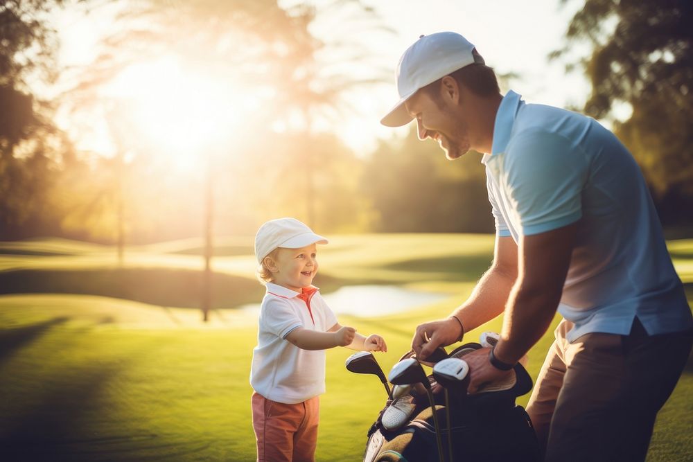 Dad playing golf with son. 