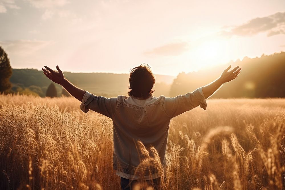 Joyful man sunlight summer field. 