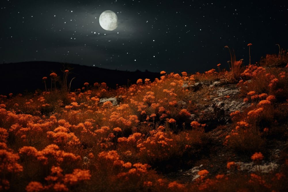 Flower night moon landscape. AI generated Image by rawpixel.