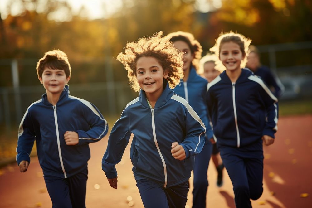 Students wearing Gym clothes running outdoors togetherness. 