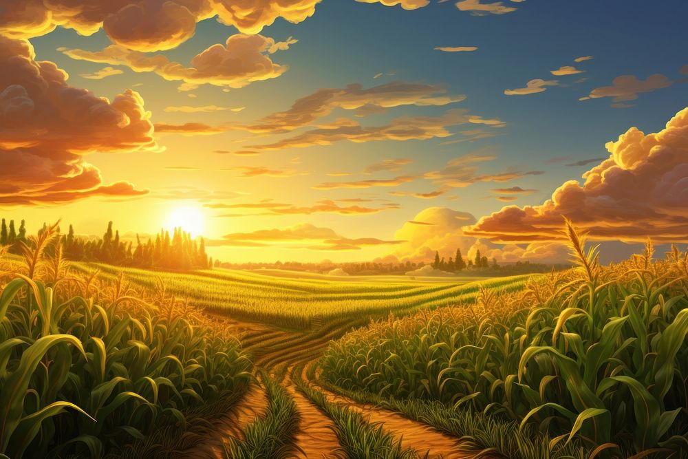 Sunset cornfield landscape agriculture grassland. AI generated Image by rawpixel.