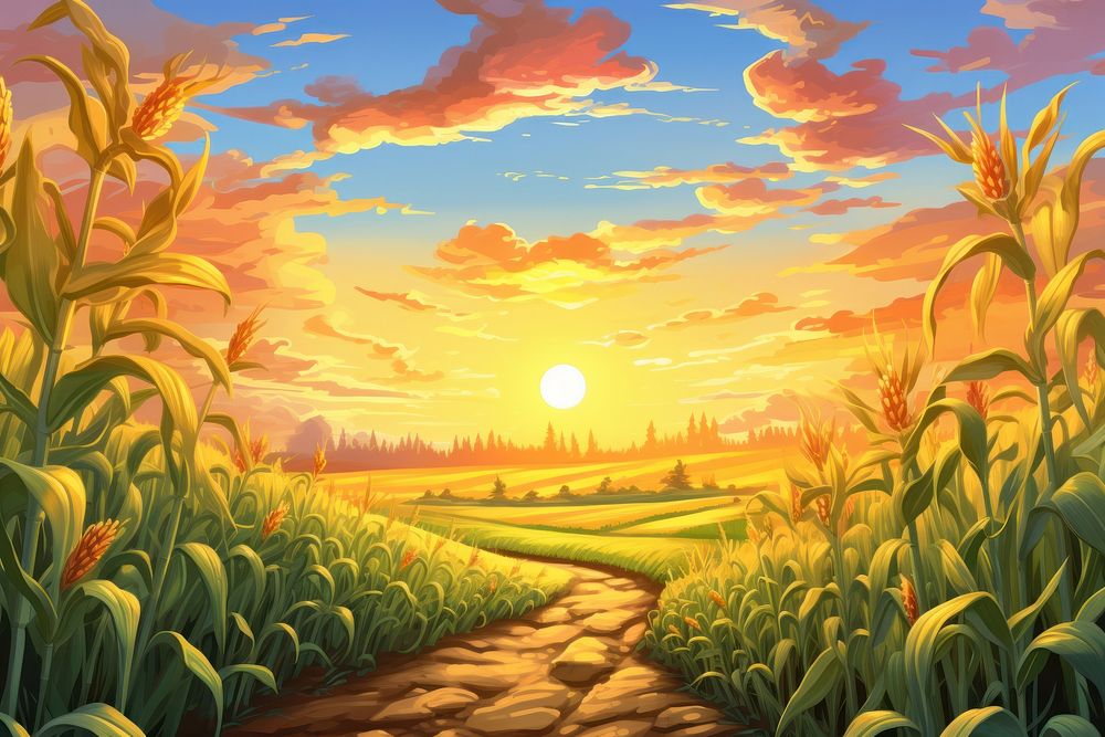 Sunset cornfield landscape agriculture outdoors. 