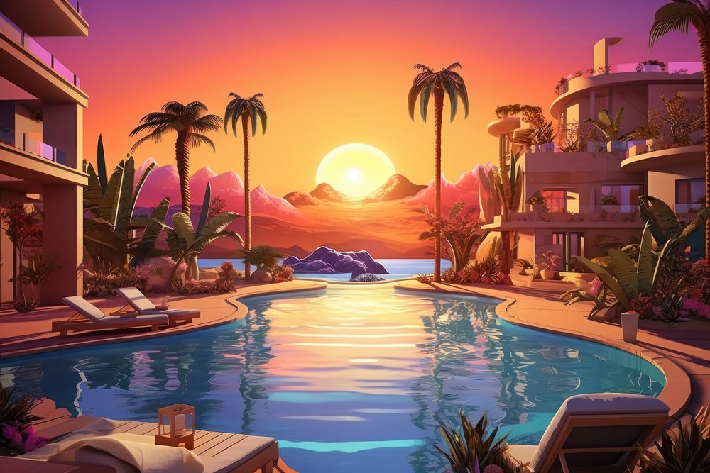 Sunset pool party architecture furniture outdoors. AI generated Image by rawpixel.