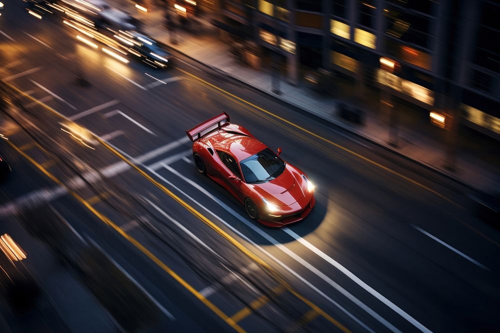 Aerial view of red sport car in a city photo. AI generated image by rawpixel.