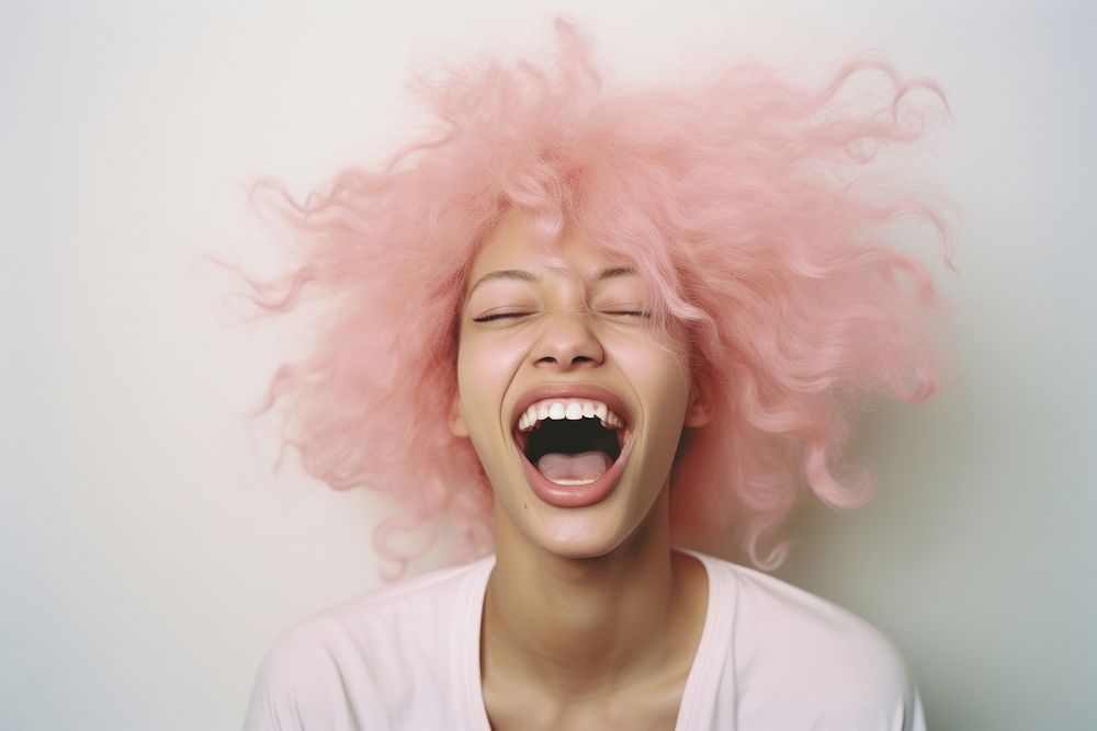 Laughing pink-haired woman, happy photo. AI generated image by rawpixel.