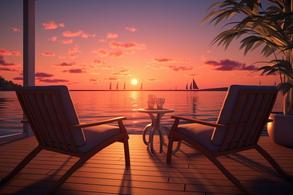 Sea furniture outdoors sunset. 