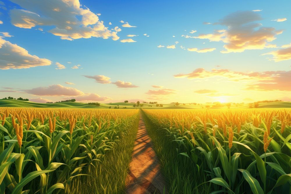 Sunset cornfield landscape agriculture grassland. 