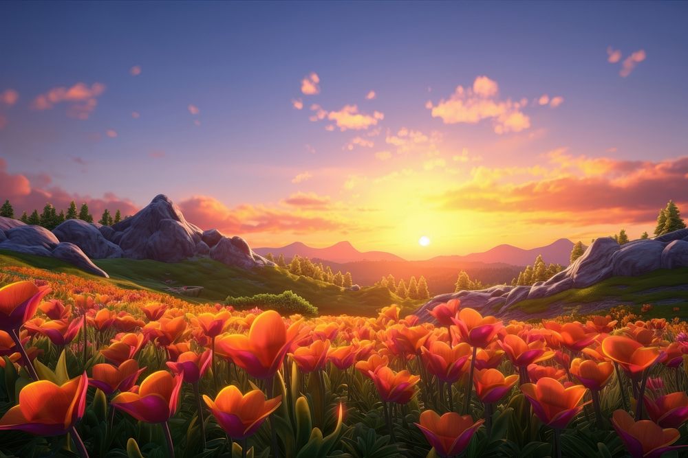 Sunset flower field landscape panoramic sunlight. AI generated Image by rawpixel.