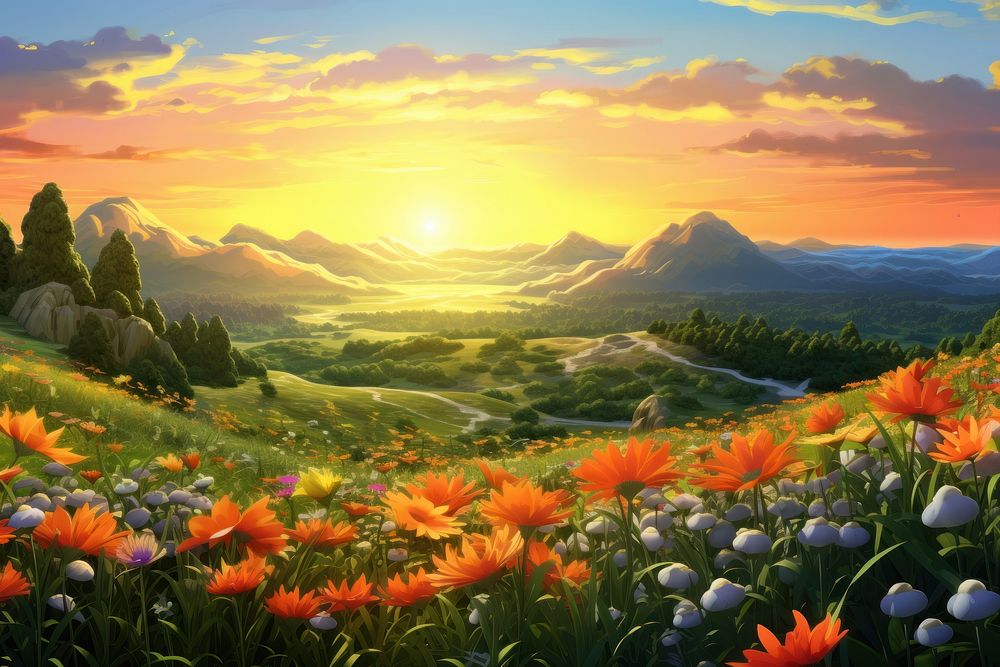 Sunset flower field landscape outdoors grassland. 